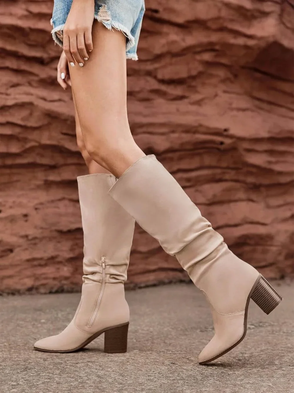 Women's Nude Pointed Toe Mid Chunky Heel Side Zipper Over The Knee Boots